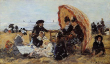 Копия картины "trouville, on the beach sheltered by a parasol" художника "буден эжен"