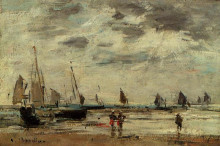 Картина "berck, jetty and sailing boats at low tide" художника "буден эжен"