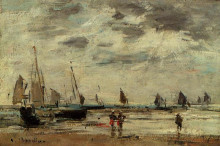 Репродукция картины "berck, jetty and sailing boats at low tide" художника "буден эжен"