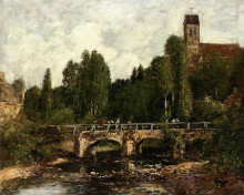 Картина "saint-cenery, the church and the bridge" художника "буден эжен"