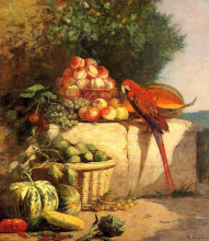 Картина "fruit and vegetables with a parrot" художника "буден эжен"