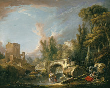 Репродукция картины "речной пейзаж с руинами моста" художника "буше франсуа"