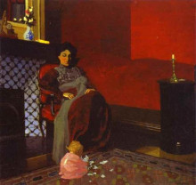 Репродукция картины "interior red room with woman and child" художника "валлотон феликс"
