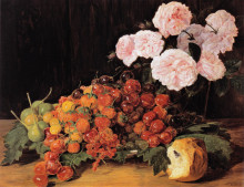 Репродукция картины "still life with roses, strawberries, and bread" художника "вальдмюллер фердинанд георг"