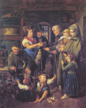 Репродукция картины "a traveling family of beggars is rewarded by poor peasants on christmas eve" художника "вальдмюллер фердинанд георг"