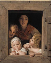 Картина "young peasant woman with three children at the window" художника "вальдмюллер фердинанд георг"