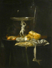 Копия картины "still life of a silver tazza with a wine glass, crab, herring, bread and onion on pewter dishes with grapes arranged on a ledge" художника "ван алст виллем"