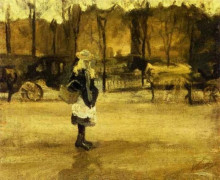 Репродукция картины "a girl in the street, two coaches in the background" художника "ван гог винсент"