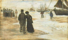 Картина "beach with people walking and boats" художника "ван гог винсент"