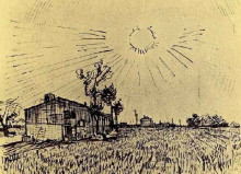 Картина "field with houses under a sky with sun disk" художника "ван гог винсент"
