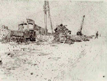 Репродукция картины "road with telegraph pole and crane" художника "ван гог винсент"