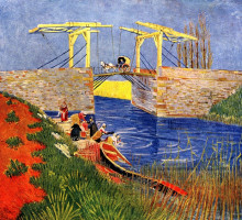 Репродукция картины "the langlois bridge at arles with women washing" художника "ван гог винсент"