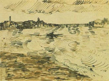 Репродукция картины "the rhone with boats and a bridge" художника "ван гог винсент"