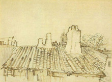 Репродукция картины "tiled roof with chimneys and church tower" художника "ван гог винсент"