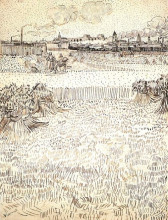 Картина "wheat field with sheaves and arles in the background" художника "ван гог винсент"