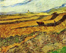 Репродукция картины "field and ploughman and mill" художника "ван гог винсент"