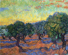 Репродукция картины "olive grove - orange sky" художника "ван гог винсент"