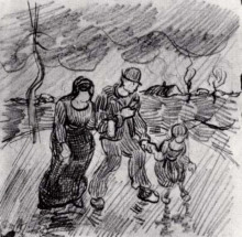 Репродукция картины "couple walking arm in arm with a child in the rain" художника "ван гог винсент"