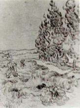 Репродукция картины "cypresses with four people working in the field" художника "ван гог винсент"