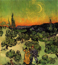Картина "landscape with couple walking and crescent moon" художника "ван гог винсент"