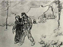 Репродукция картины "people walking in front of snow-covered cottage" художника "ван гог винсент"