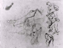Репродукция картины "sketches of a cottage and figures" художника "ван гог винсент"