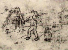 Репродукция картины "sketches of a cottage and figures" художника "ван гог винсент"
