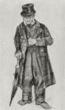Картина "orphan man with top hat and umbrella looking at his watch" художника "ван гог винсент"