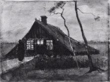Репродукция картины "farmhouse at night" художника "ван гог винсент"