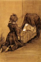 Репродукция картины "girl kneeling by a cradle" художника "ван гог винсент"