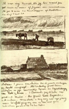 Картина "plowman with stooping woman, and a little farmhouse with piles of peat" художника "ван гог винсент"