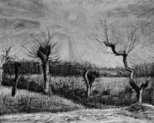 Картина "landscape with willows and sun shining through the clouds" художника "ван гог винсент"