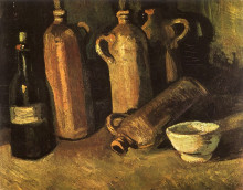 Репродукция картины "still life with four stone bottles, flask and white cup" художника "ван гог винсент"