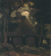 Репродукция картины "cottage with trees and peasant woman" художника "ван гог винсент"