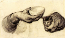 Репродукция картины "hand with bowl and a cat" художника "ван гог винсент"