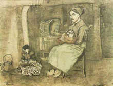 Репродукция картины "mother at the cradle and child sitting on the floor" художника "ван гог винсент"
