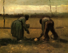 Репродукция картины "peasant and peasant woman planting potatoes" художника "ван гог винсент"