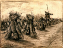 Репродукция картины "wheat field with sheaves and a windmill" художника "ван гог винсент"