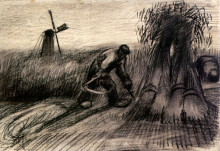 Репродукция картины "wheatfield with reaper and peasant woman binding sheaves" художника "ван гог винсент"