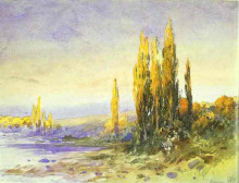 Репродукция картины "lombardy poplars on the bank of a lake. evening" художника "васильев фёдор"