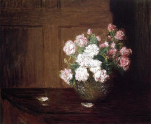 Картина "roses in a silver bowl on a mahogany table" художника "вейр джулиан олден"