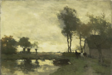 Репродукция картины "landscape with a farm pond" художника "вейсенбрух иохан хендрик"