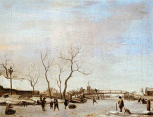 Репродукция картины "frozen canal with skaters and hockey players" художника "вельде адриан ван де"