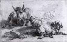 Картина "a cow and three sheep" художника "вельде адриан ван де"