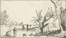 Копия картины "farm near frozen river with skaters on the ice" художника "вельде эсайас ван де"