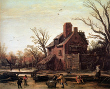 Репродукция картины "winter landscape with farmhouse" художника "вельде эсайас ван де"