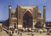 Репродукция картины "shir dor madrasah in registan square in samarkand" художника "верещагин василий"