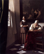 Репродукция картины "lady writing a letter with her maid" художника "вермеер ян"