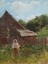 Репродукция картины "peasant woman with flowers" художника "вермонт николае"