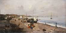 Картина "boats and children on the beach" художника "воланакис константинос"
